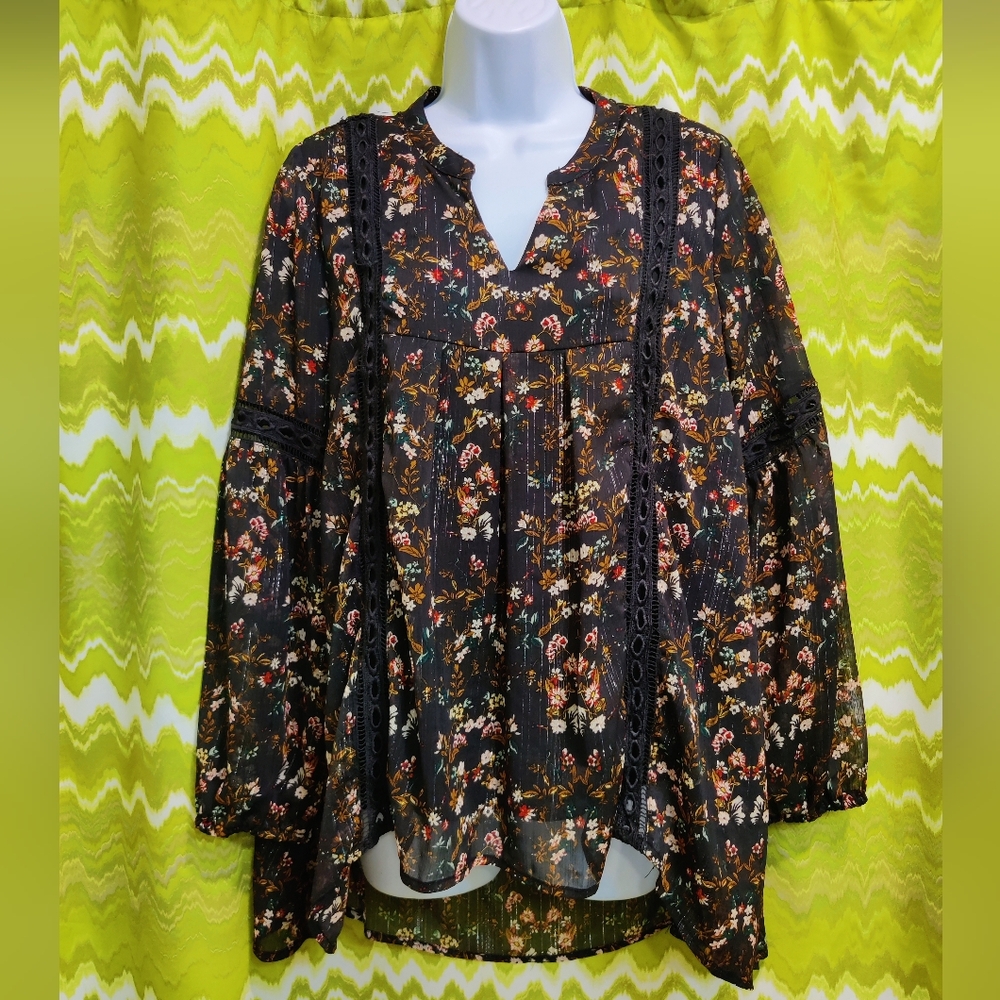 Black Floral Boho Top With Metallic Details